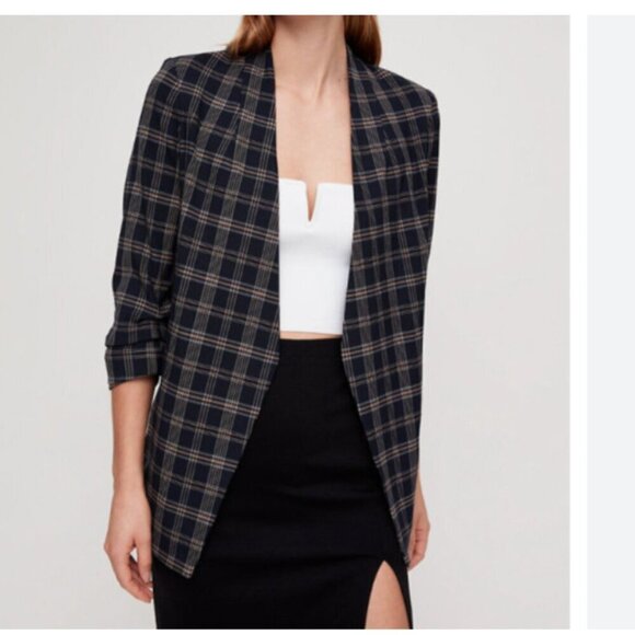 NWT ARITZIA BABATON MACAULEY NAVY PLAID CINCHED 3/4 SLEEVES BLAZER- 00 - Picture 1 of 11